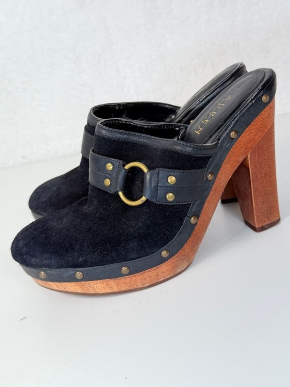 Lauren Ralph Lauren Black Leather Wooden Mule Clogs 8.5 Boho summer fun shoes